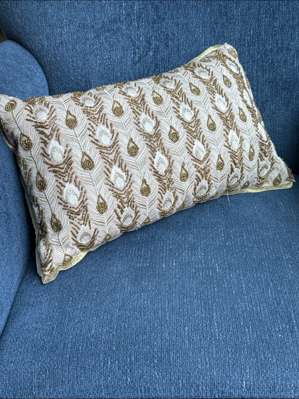 Pier 1 Beaded Peacock Feather Gold Embroidered Lumbar Accent Pillow